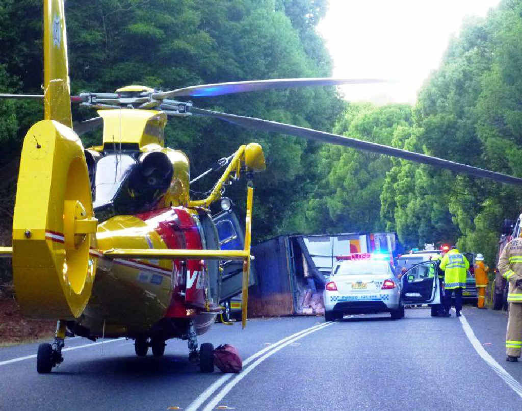 ANOTHER ACCIDENT: A truck on its side on Bangalow Rd. ANOTHER ACCIDENT: A truck on its side on Bangalow Rd.